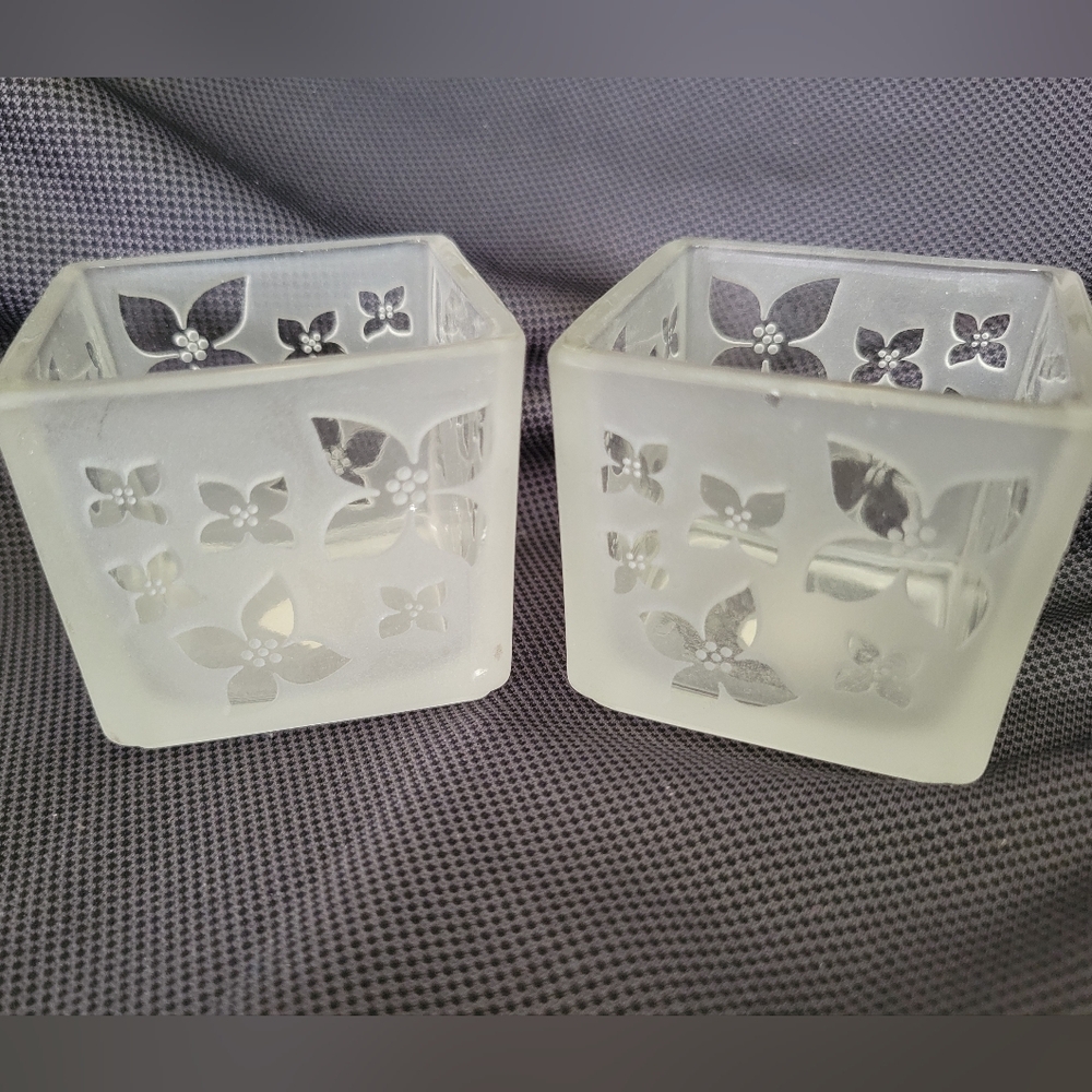 PartyLite Vintage Floral Frosted Glass Candle Holders